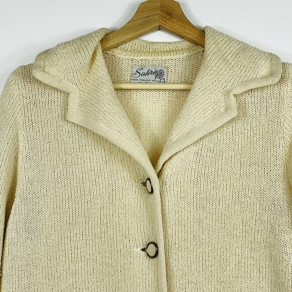 SAKRI Vintage Beige Nubby Cable Knit Cardigan Sweater Button Front Womens Small - Picture 2 of 6